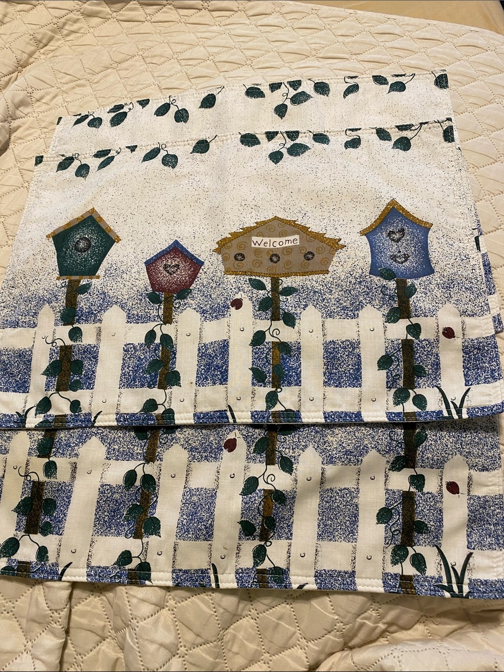 Vintage (Set of 4) Linen Placemats - Bird Houses/Fence/Vines Design